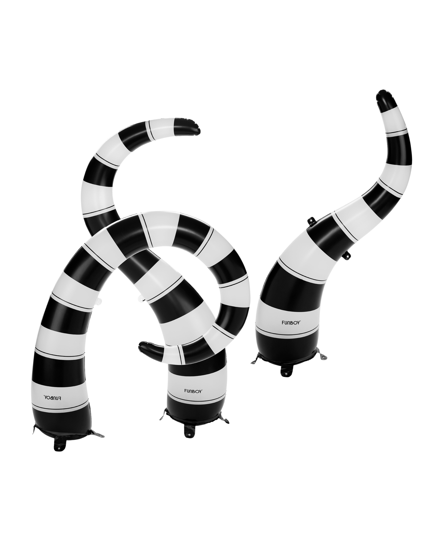 Creep it Real  Transform your lawn into a slithering spectacle with FUNBOY’s Light-Up Inflatable Yard Snakes. These black and white snakes emerge from the ground, casting a glow that changes colors with the click of a remote. Securely staked, these Yard Snakes stay put and are built with durable material to last through the fall climate. Configure them in any way that enhances your spooky setup.   Spook in style