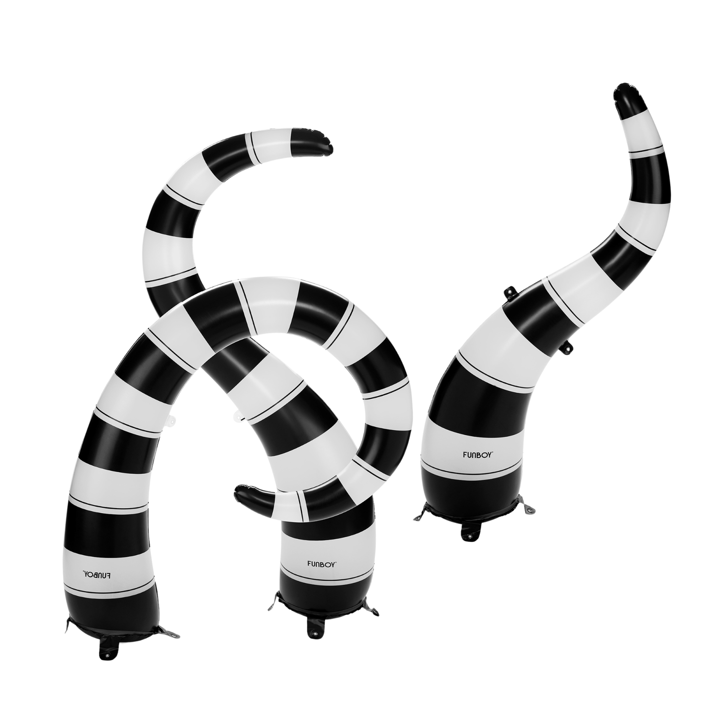 Creep it Real  Transform your lawn into a slithering spectacle with FUNBOY’s Light-Up Inflatable Yard Snakes. These black and white snakes emerge from the ground, casting a glow that changes colors with the click of a remote. Securely staked, these Yard Snakes stay put and are built with durable material to last through the fall climate. Configure them in any way that enhances your spooky setup.   Spook in style