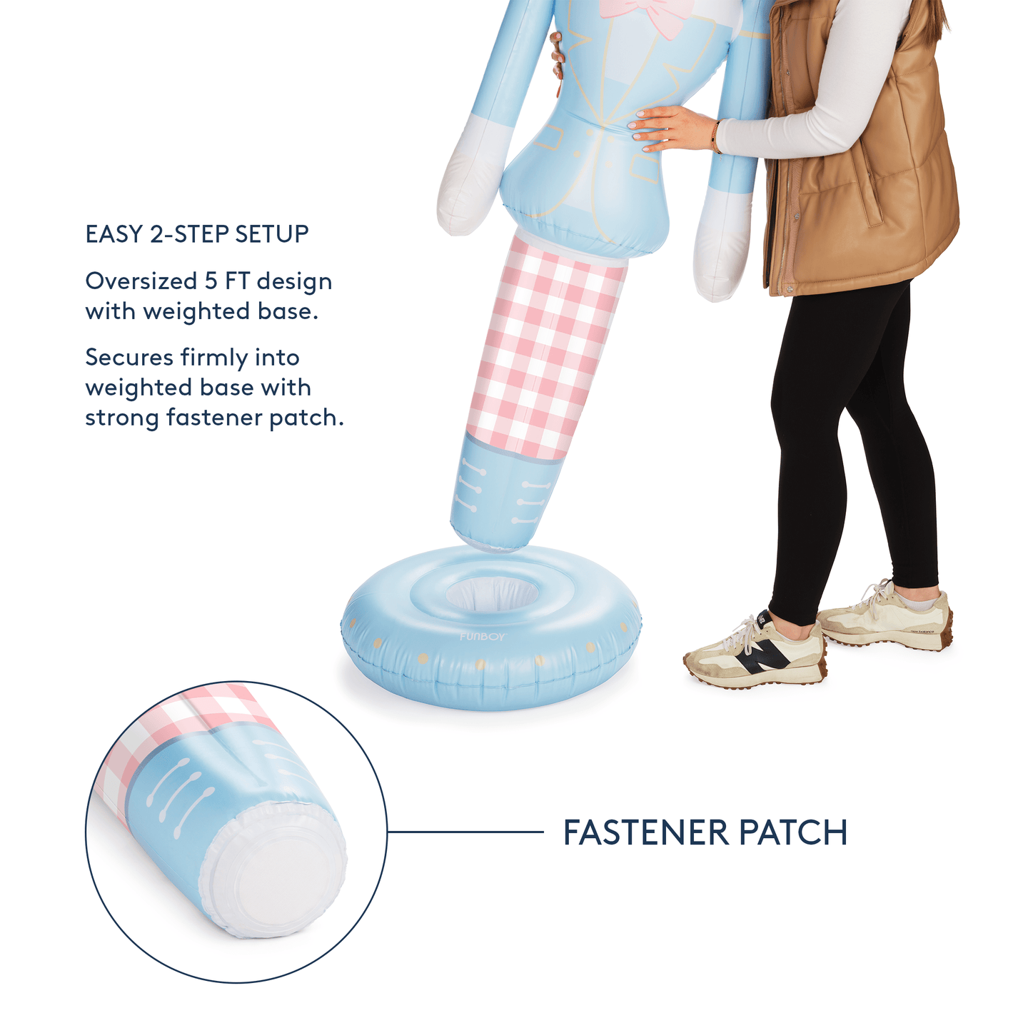 Easy 2 Step Setup. Oversized 5 FT design with weighted base. Secures firmly into weighted base with strong fastener patch. 