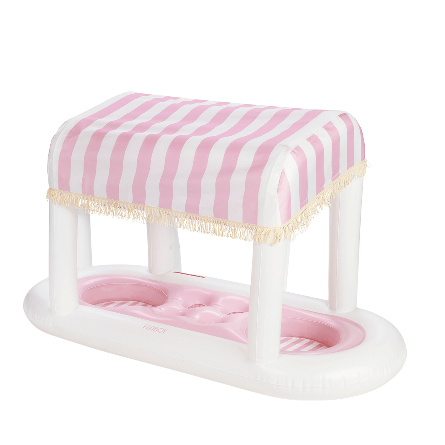 FUNBOY's inflatable floating cabana bar drink station with pink and white striped canopy.