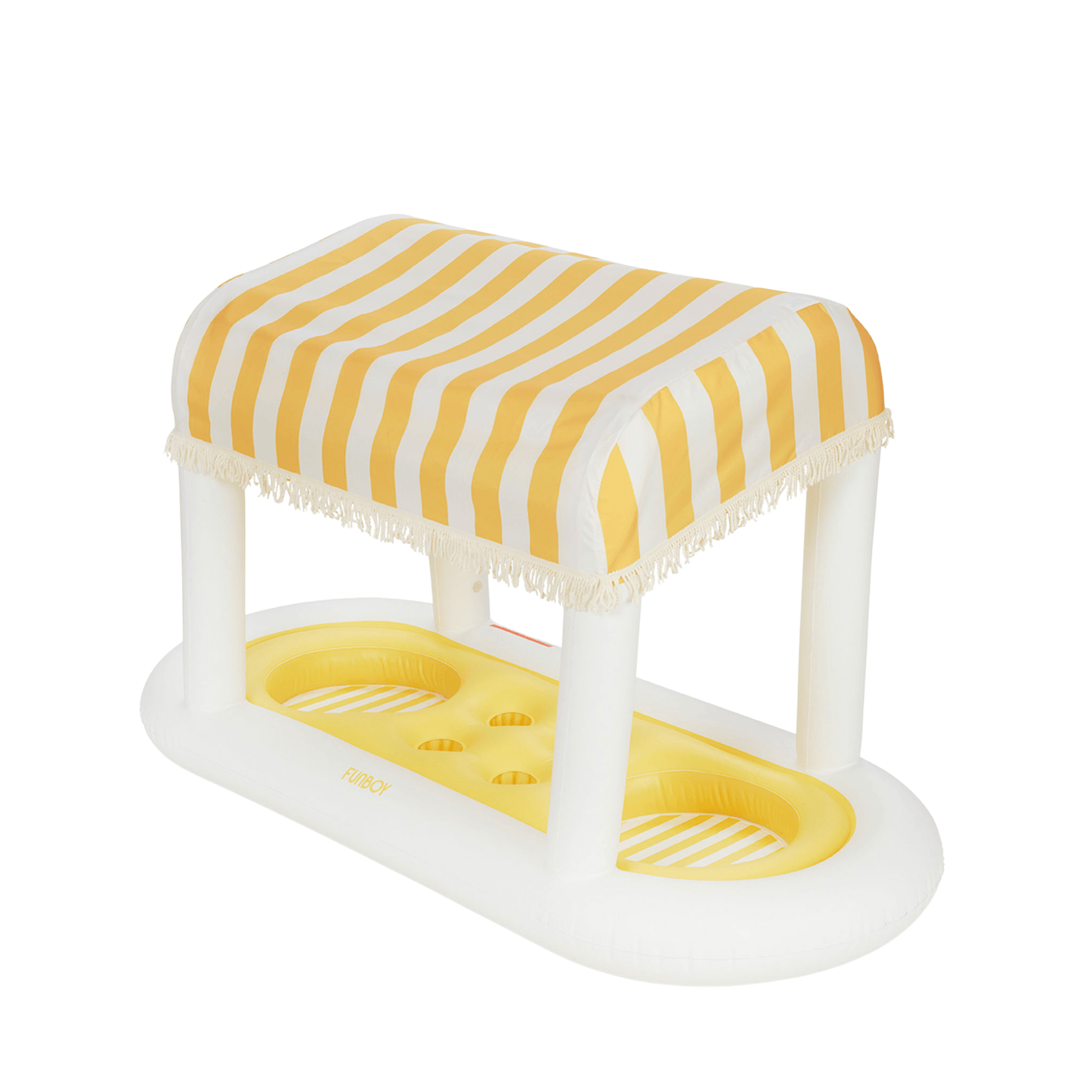 FUNBOY's inflatable floating cabana bar drink station with yellow and white striped canopy.