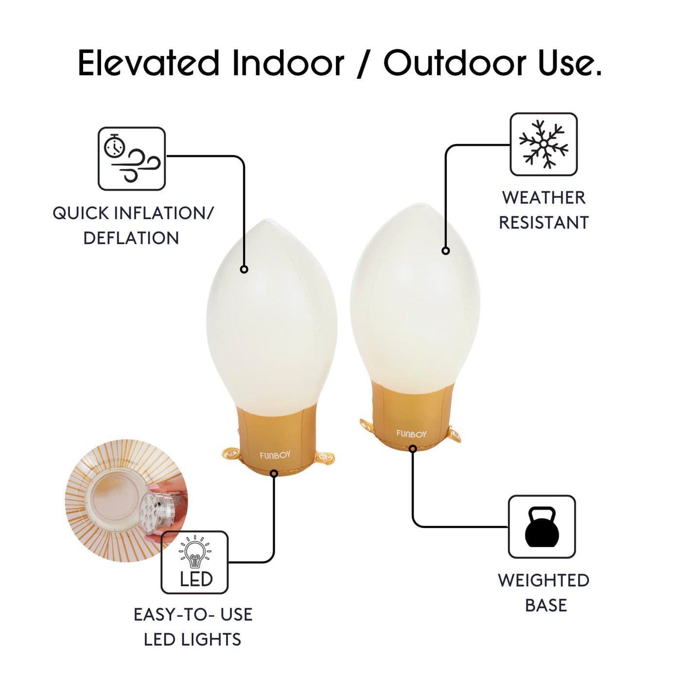 Elevated Indoor / Outdoor Use. Quick Inflation / Deflation, weather resistant, easy to use LED lights, Weighted Base. 