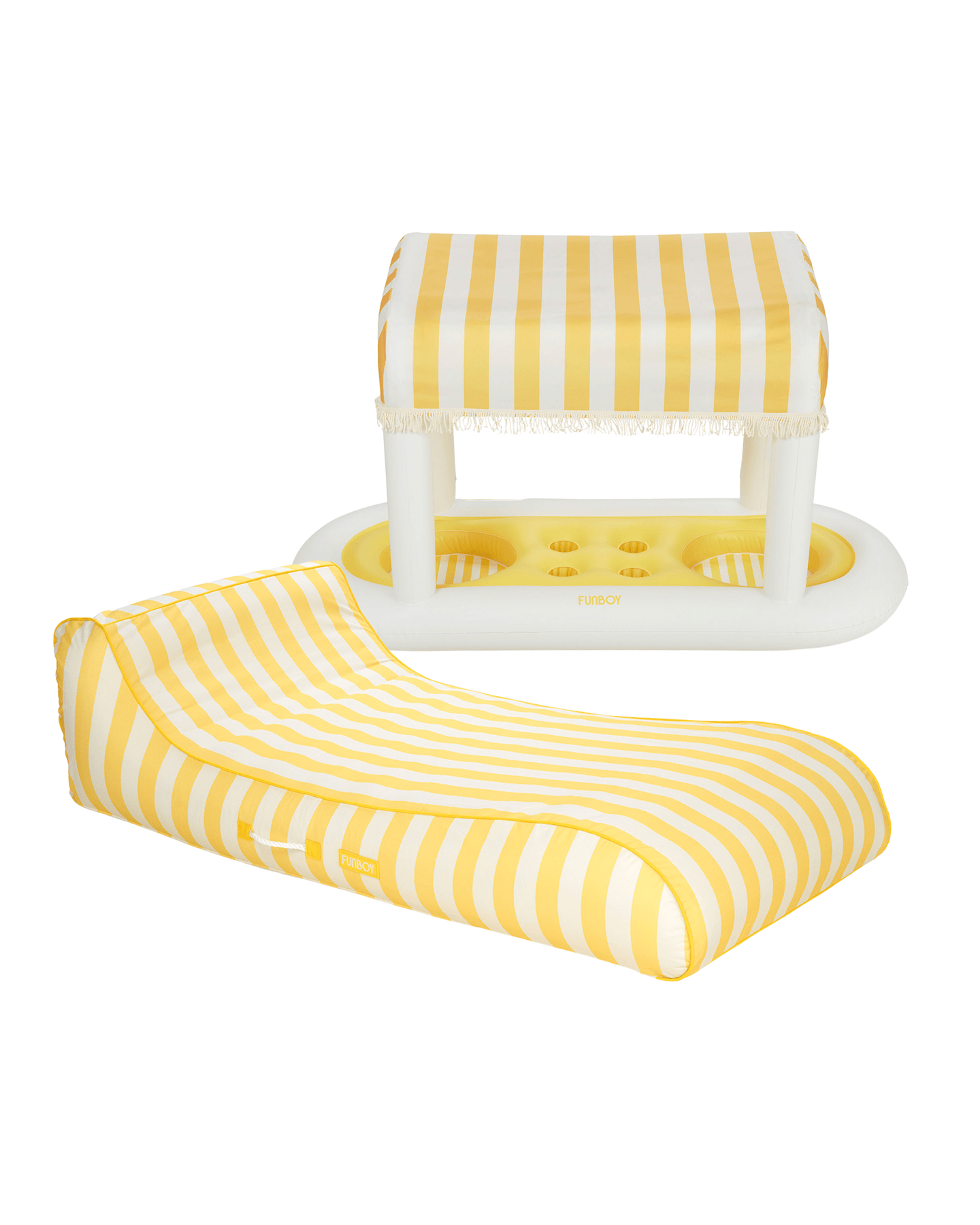 Yellow Striped Cabana Fabric Sunbed Lounger + Cabana Bar