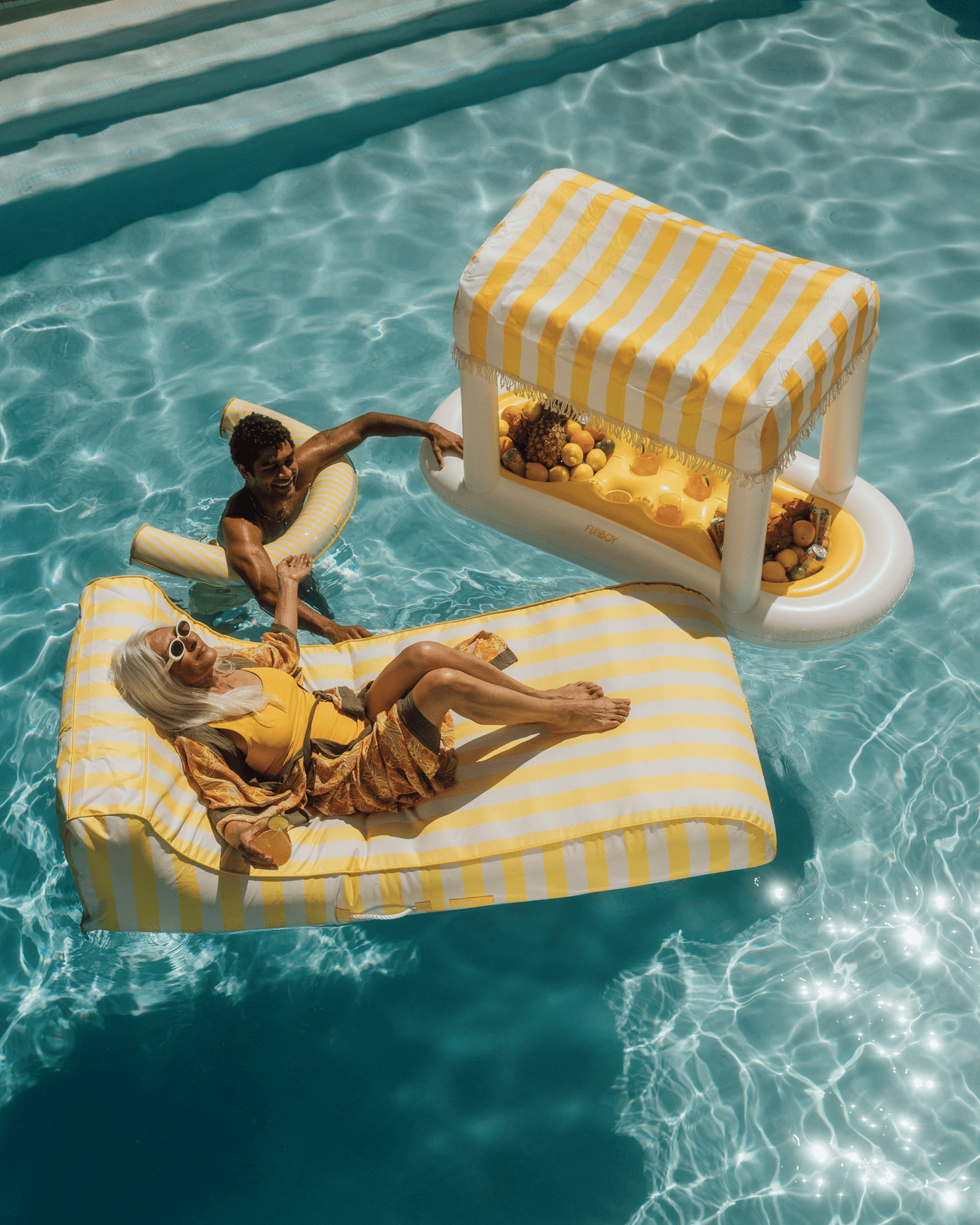 Fabric Covered Pool Float - Yellow Sunbed Lounger - FUNBOY