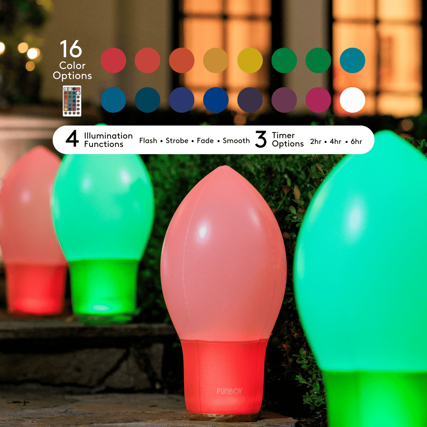 Light Up Christmas Ornaments - 16 Color Options. 4 Illumication Functions. Flash. Strobe. Fade. Smooth. 3 Timer Options: 2 hrs, 4 hrs, 6 hrs. 