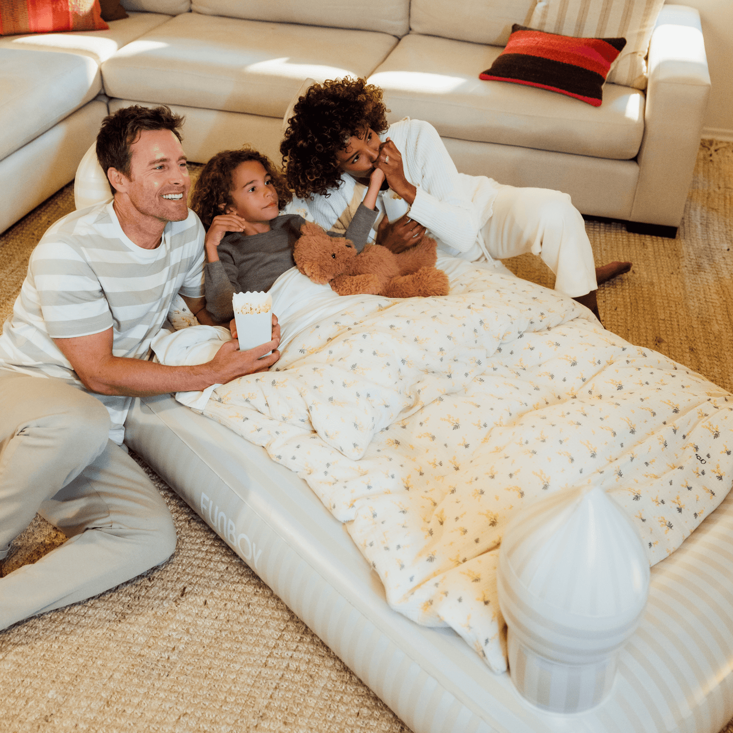 Neutral Cream Striped Kids Air Mattress and Sleepover Bed