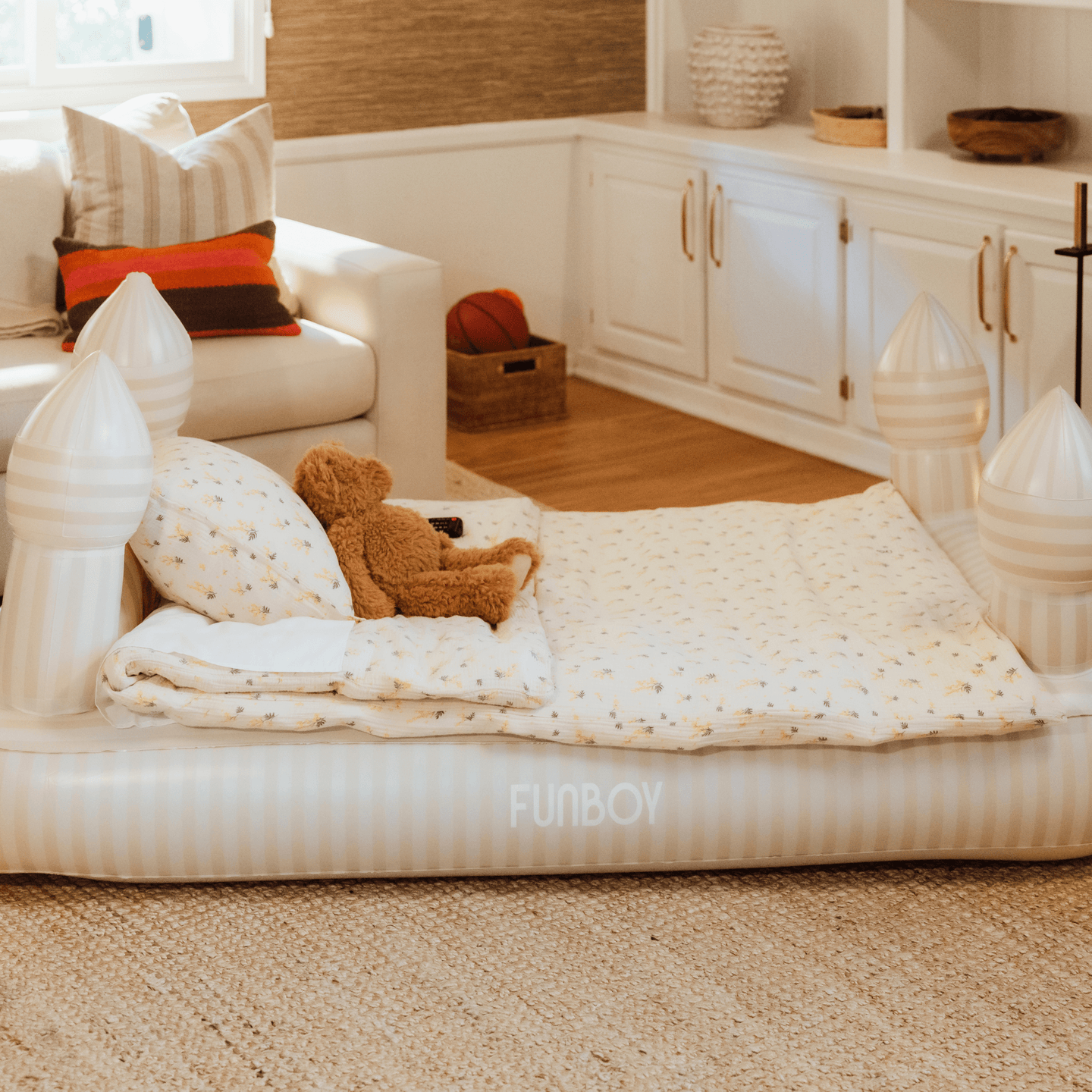 Neutral Cream Striped Kids Air Mattress and Sleepover Bed