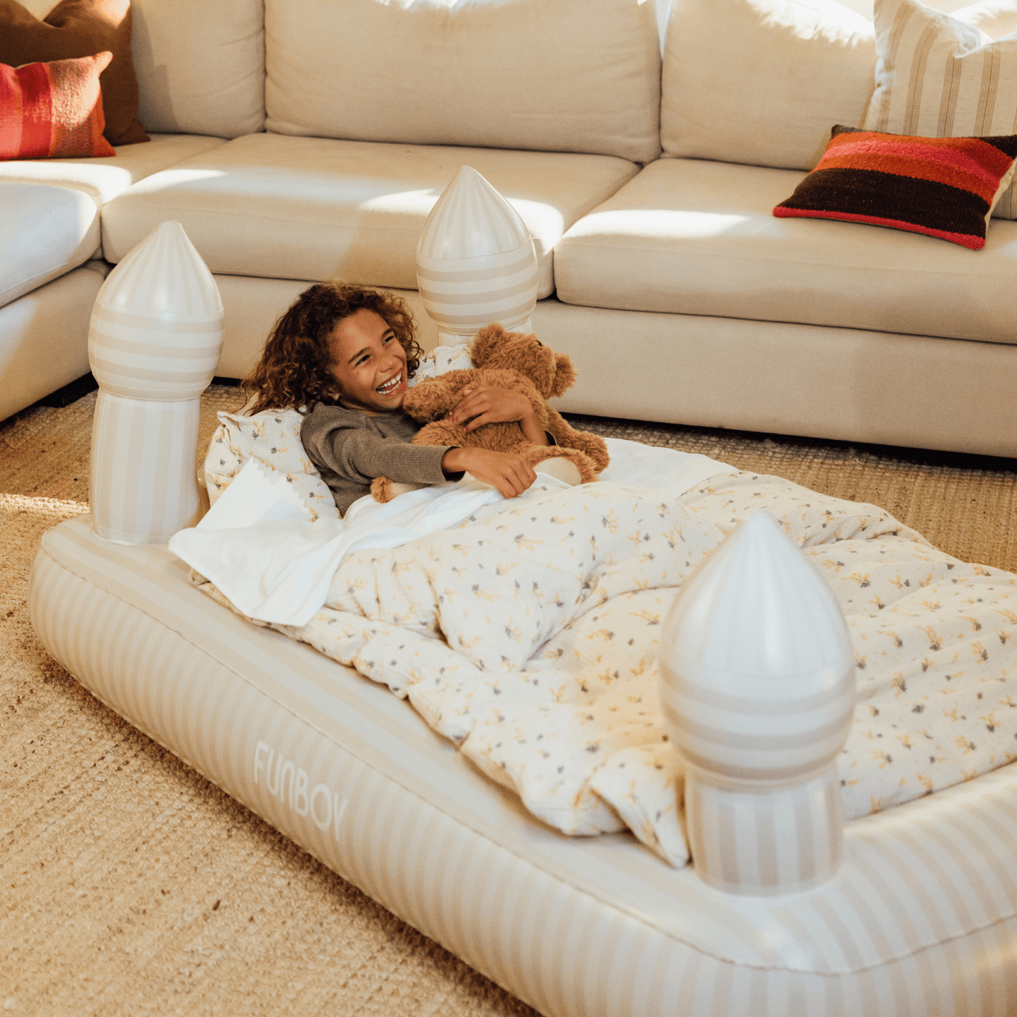 Neutral Cream Striped Kids Air Mattress and Sleepover Bed