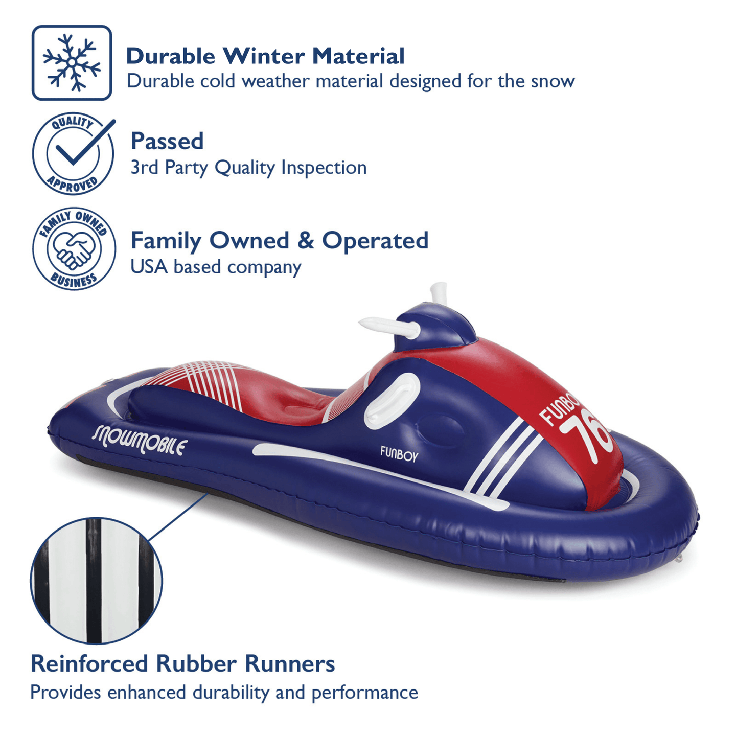 Durable winter material. Passed 3rd party inspection. Family owned and oeprated. Reinforced Rubber Runners. 