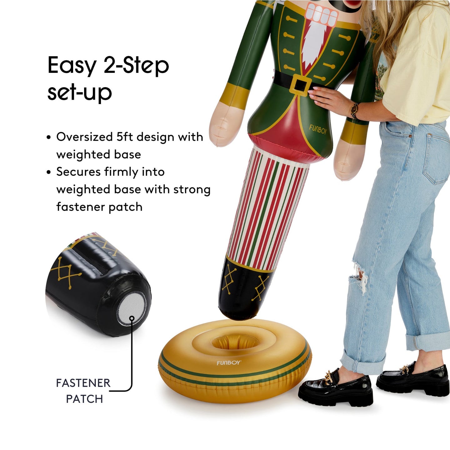 Easy 2 Step set-up with weighted base. Weighted base for stability. Secures firmly into base with strong fastener patch. 