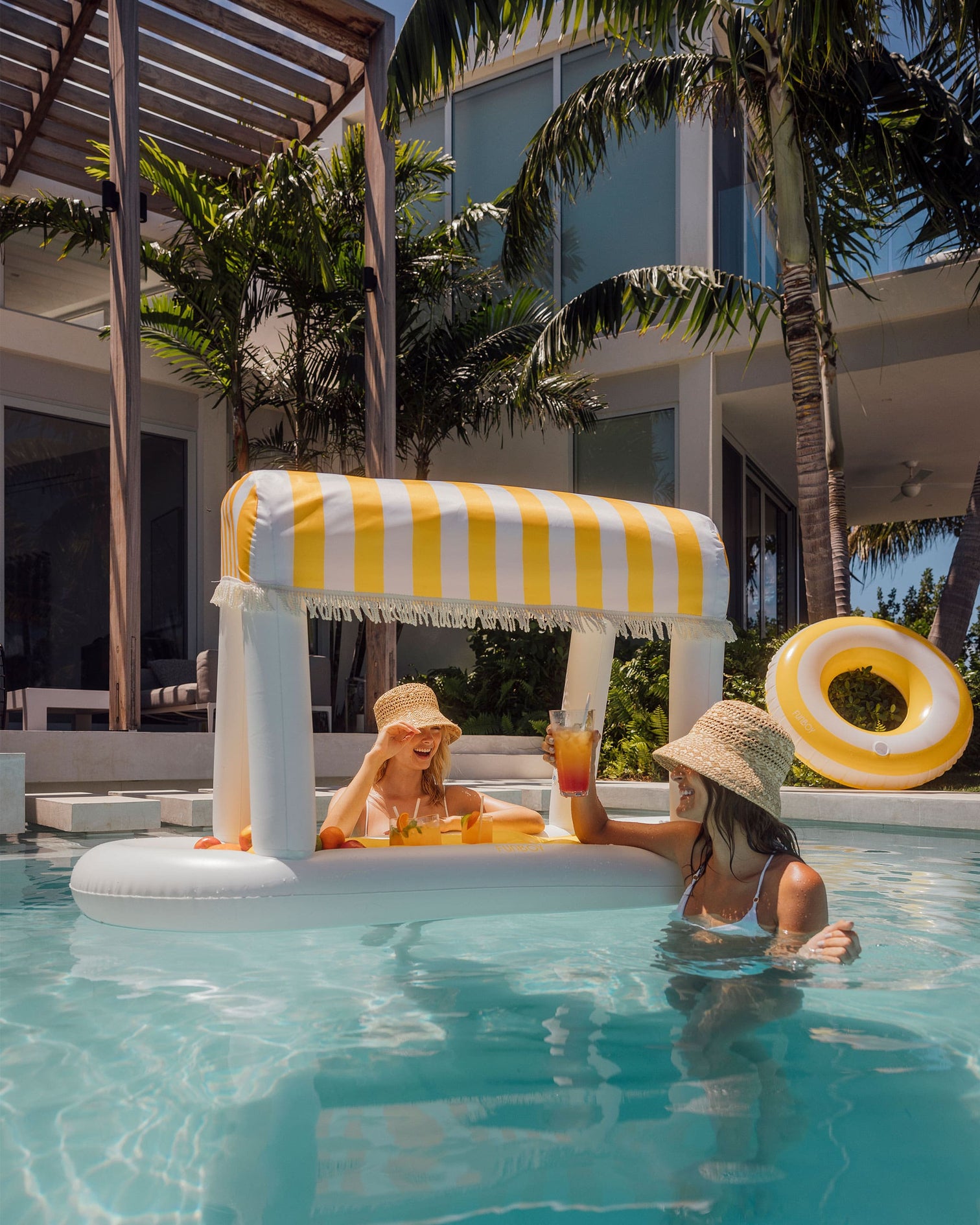 Yellow & White Striped Floating Cabana Bar - FUNBOY